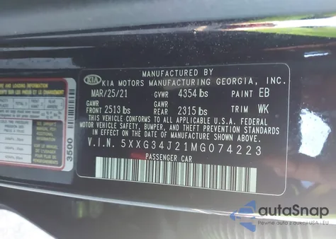 2021 Kia K5 Ex from USA, damaged, VIN 5XXG34J21MG074223